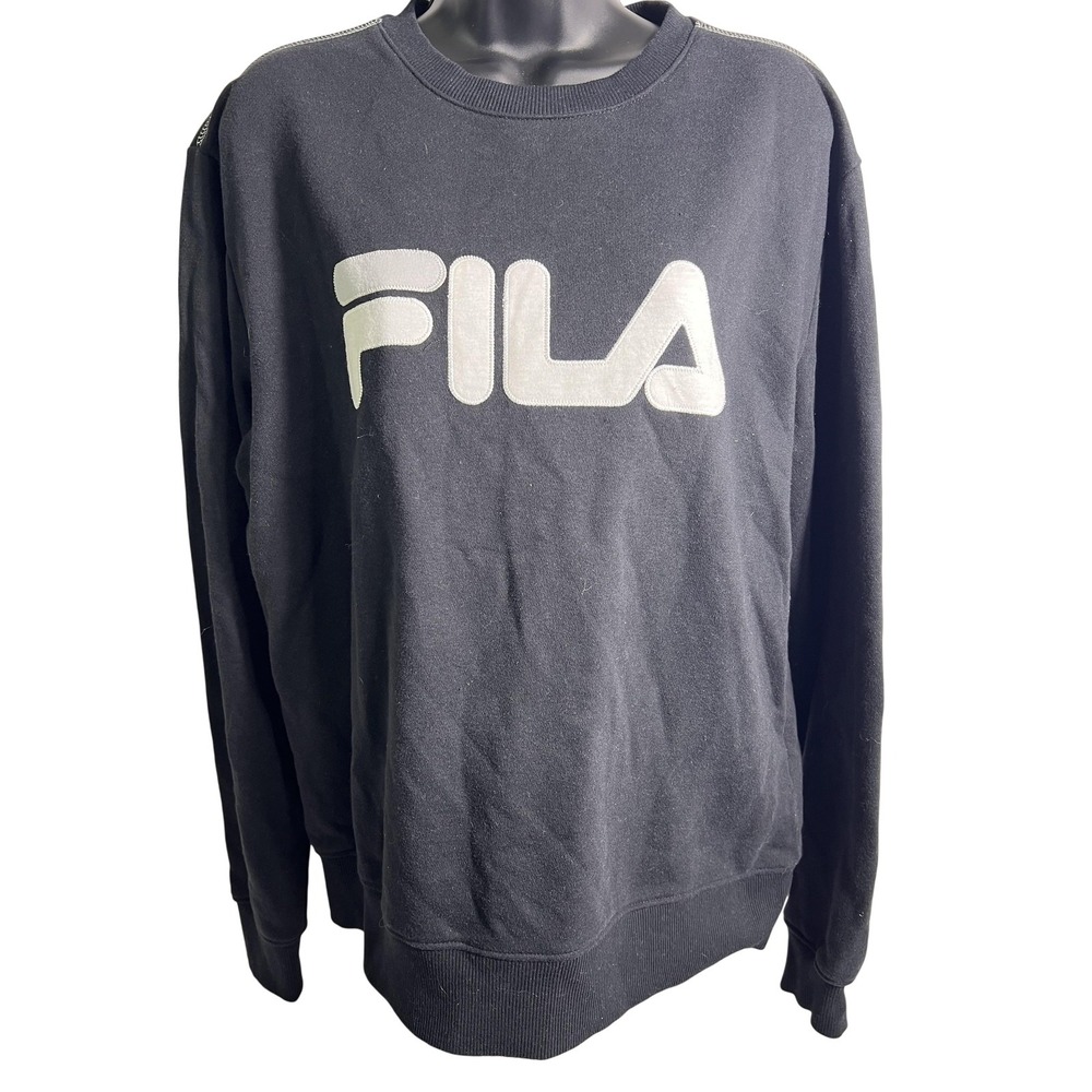 Fila Sweatshirt Mens Large Black Crewneck Pullover Big Logo Athletic Fleece